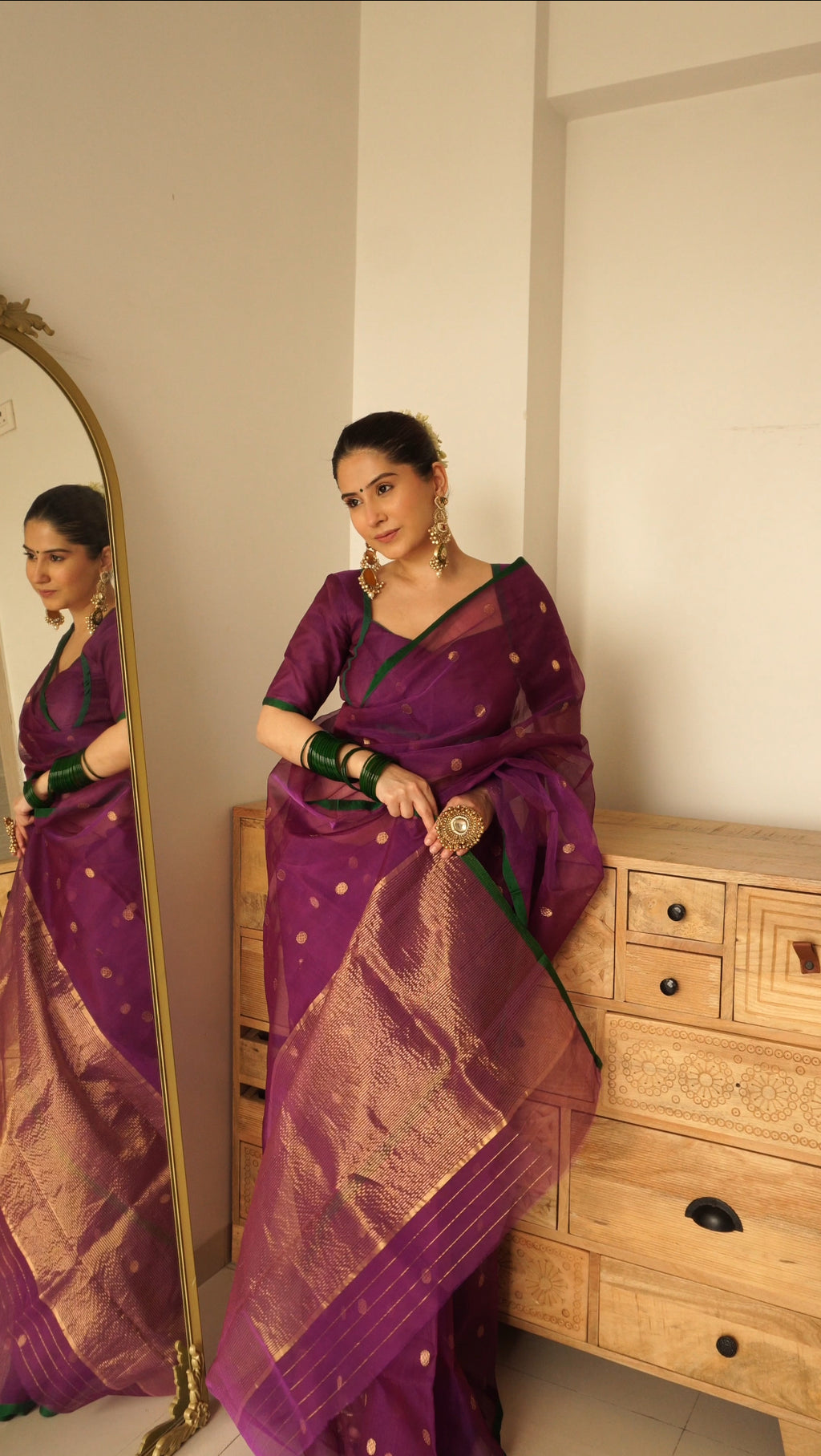 Ready to wear | Violet dual tone chanderi silk saree with zari bootis all over