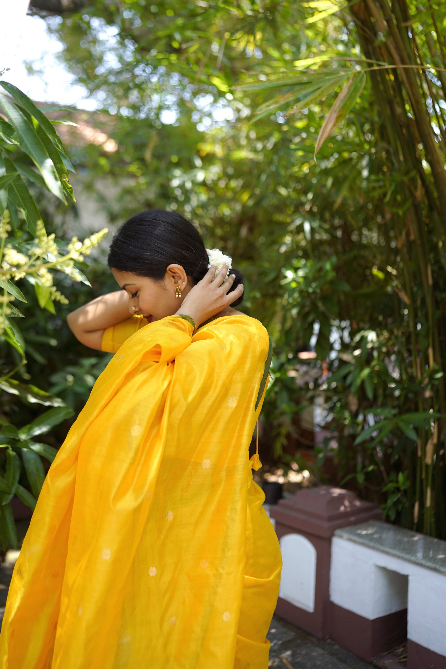 Yellow and green chanderi silk saree with flower bootis all over