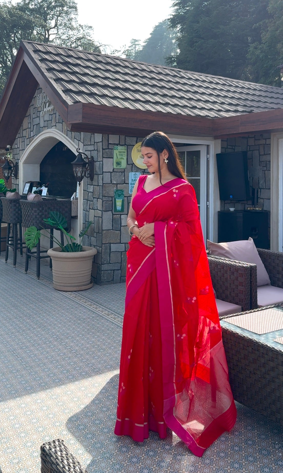 Red and pink chanderi saree with flower motifs all over