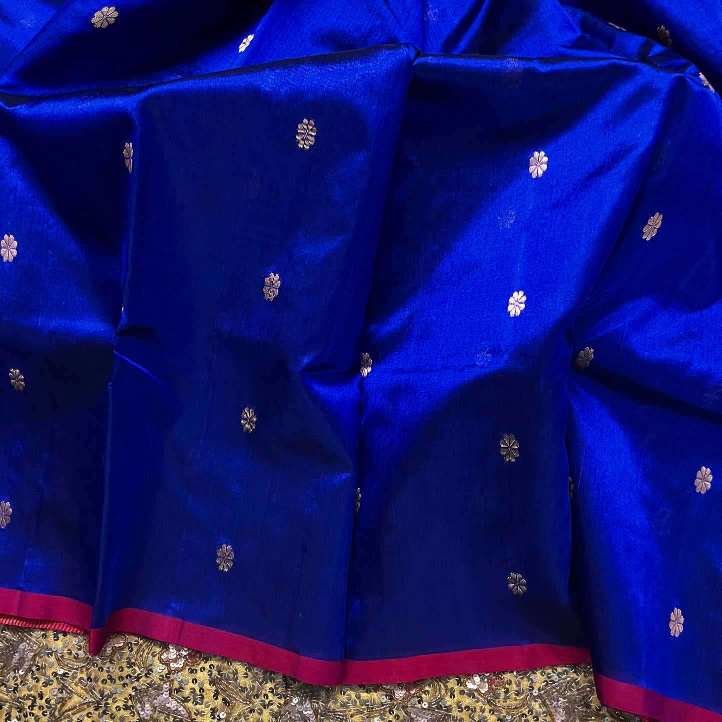 Dark blue Chanderi silk saree with flower bootis all over