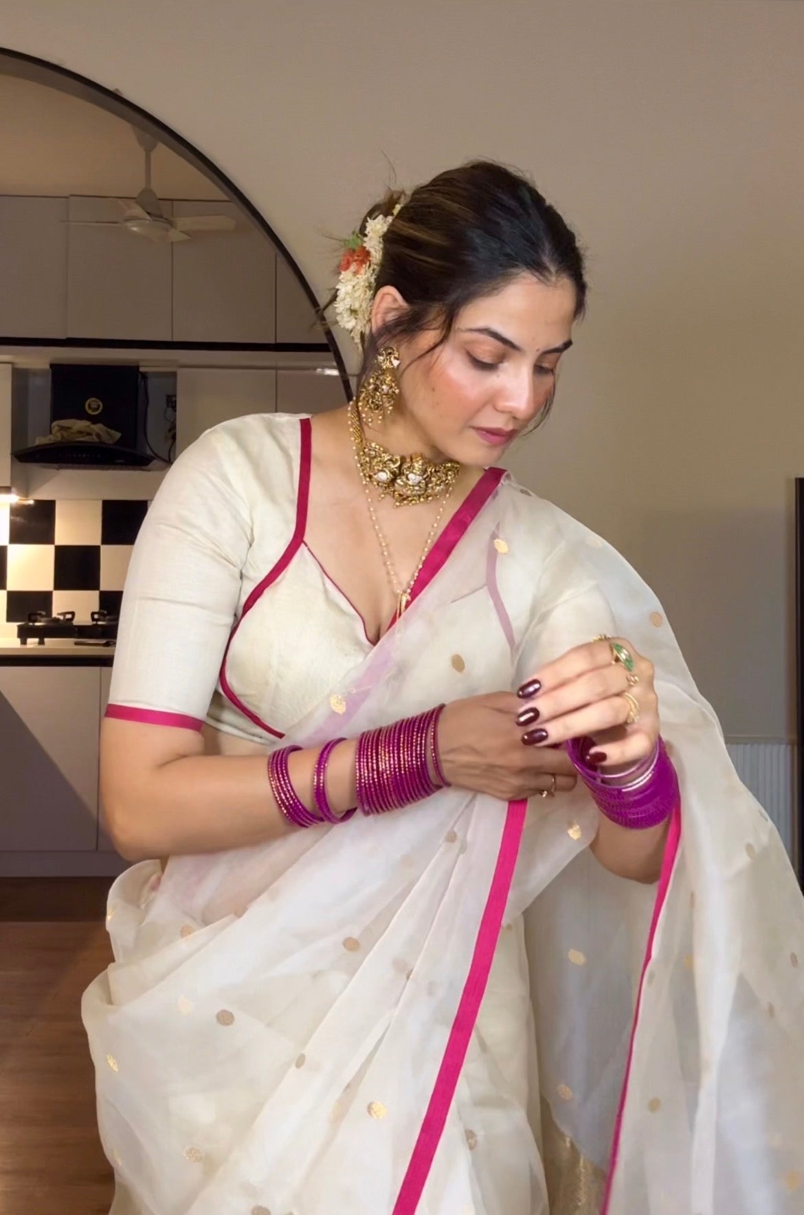 Off-White & Pink Chanderi Organza Silk Saree with Zari Bootis all over
