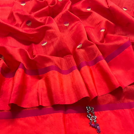 Tomato red and pink chanderi saree with silk border