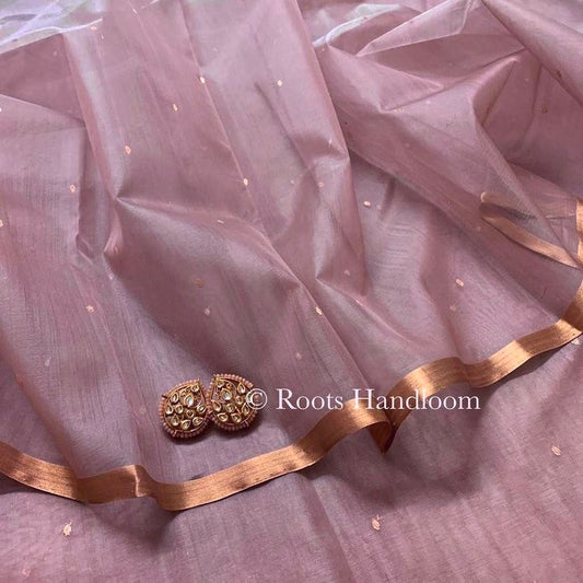 Dusty pink chanderi silk saree with zari bootis all over