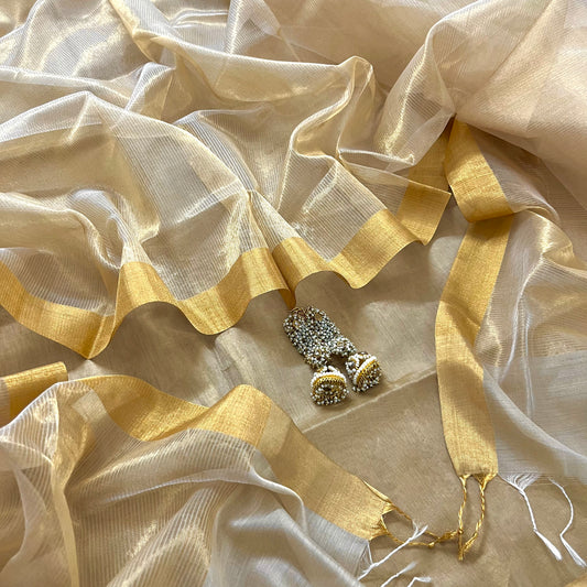 Beige Gold Maheshwari Tissue Silk Suit with Zari Lines on Dupatta