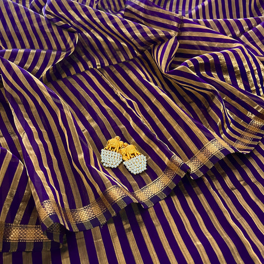 Dark purple and gold Maheshwari saree with zari stripes all over