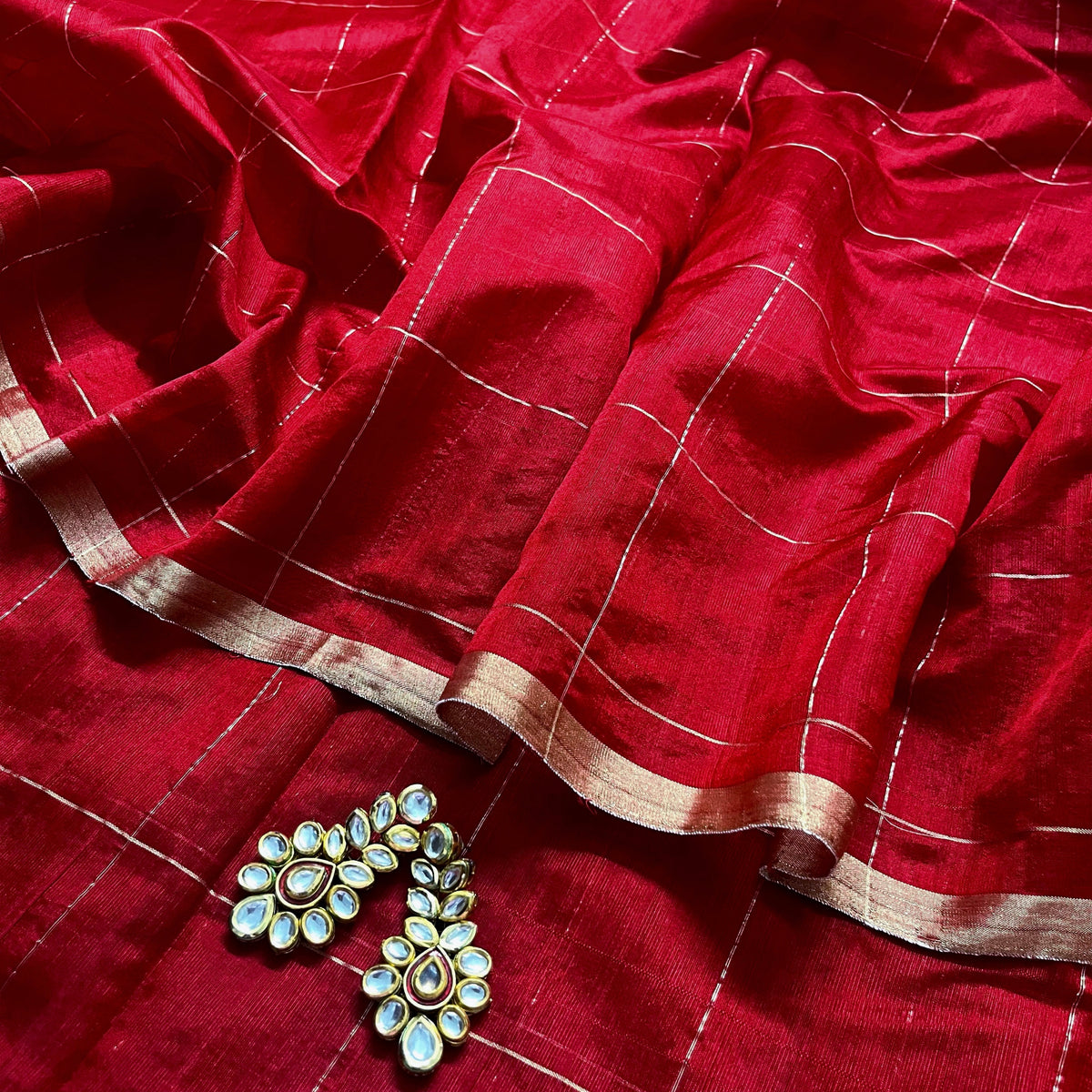 Deep red chanderi silk saree with zari checks all over