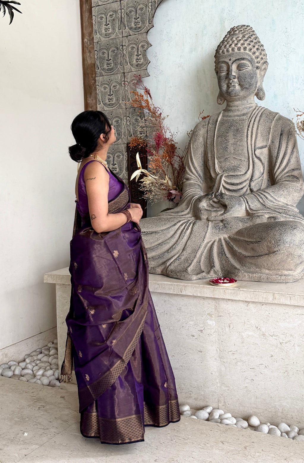 Dark purple maheshwari tissue silk saree with flower motifs all over