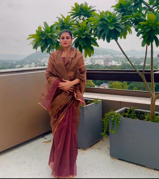 Rust pink and gold Maheshwari saree with zari border