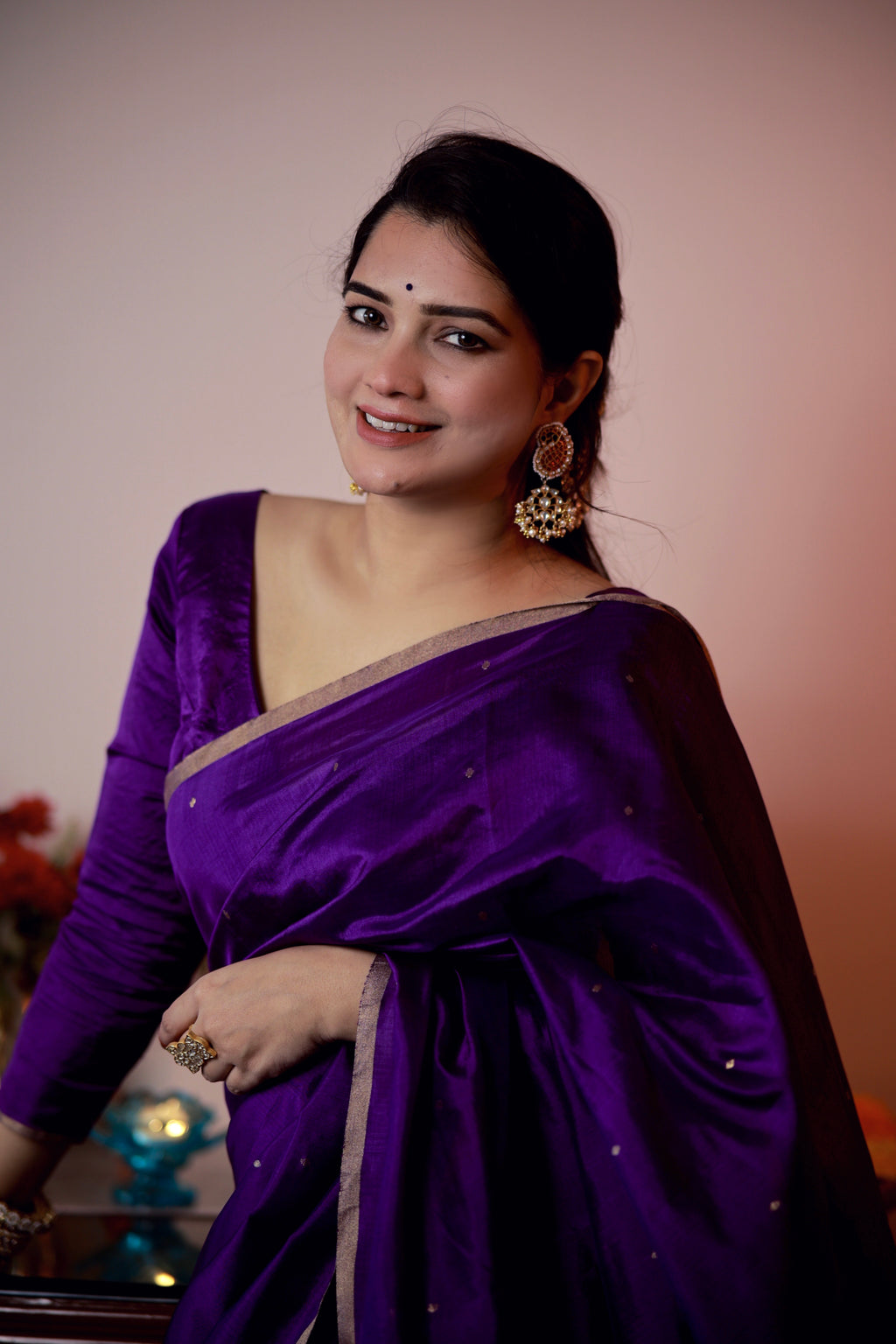 Violet chanderi silk saree with zari bootis all over