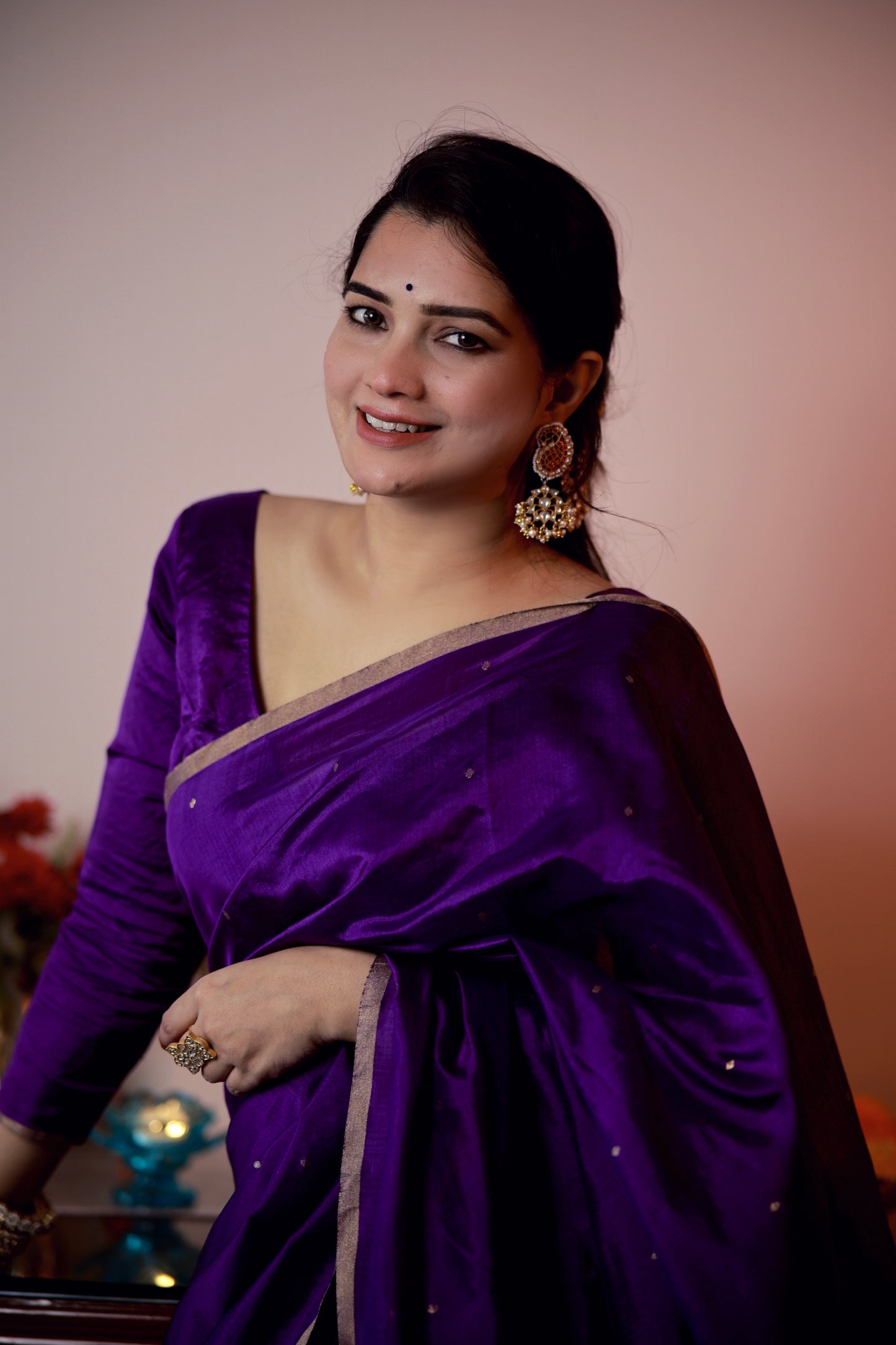 Violet chanderi silk saree with zari bootis all over
