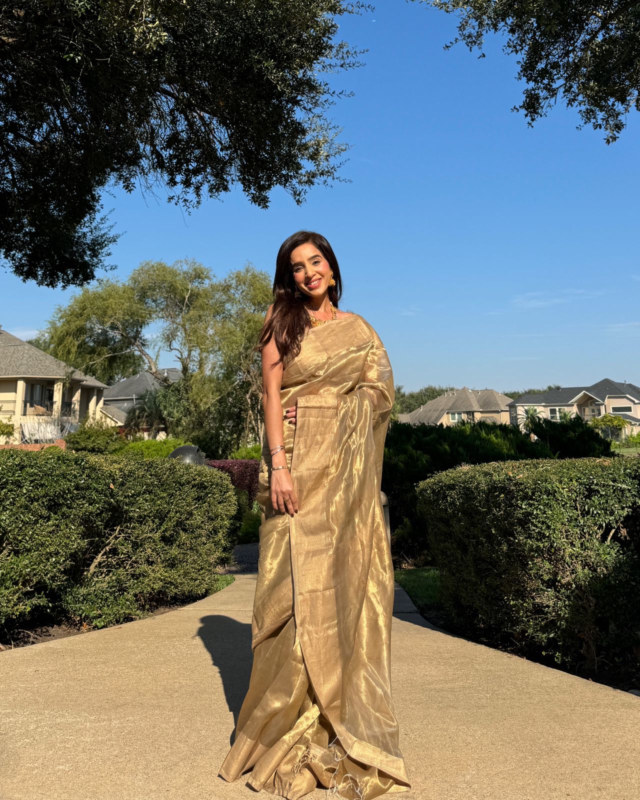 Hazelnut gold maheshwari tissue silk saree with flower motifs all over
