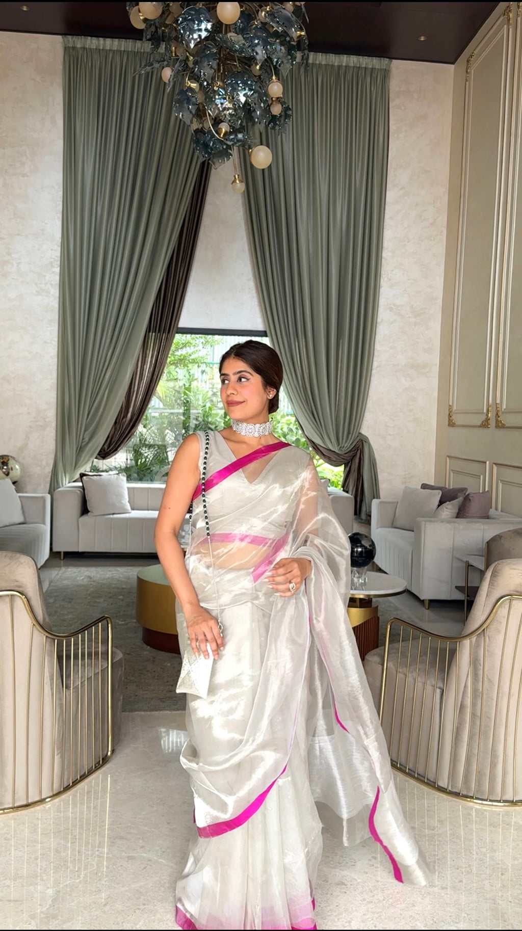 Silver white & hot pink chanderi tissue silk saree