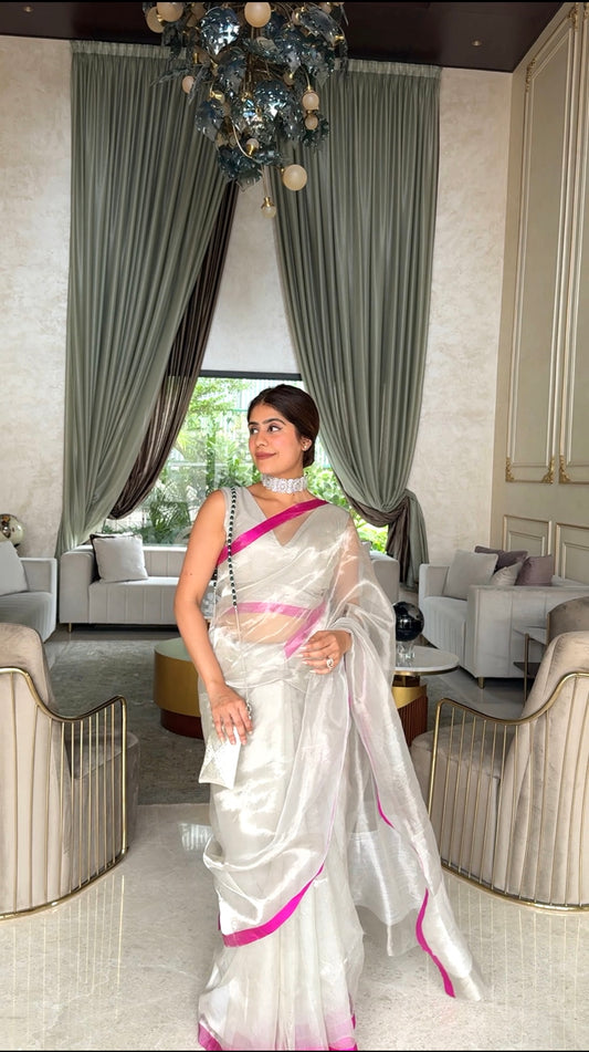 Silver white & hot pink chanderi tissue silk saree
