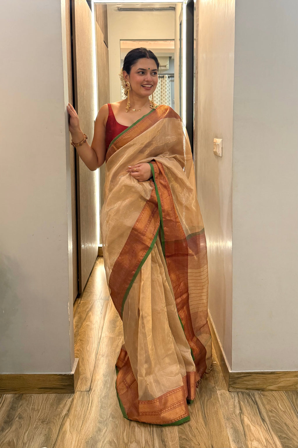 Ready to wear | Gold Red & Green Maheshwari Tissue Silk Saree with Zari Pattern on Pallu