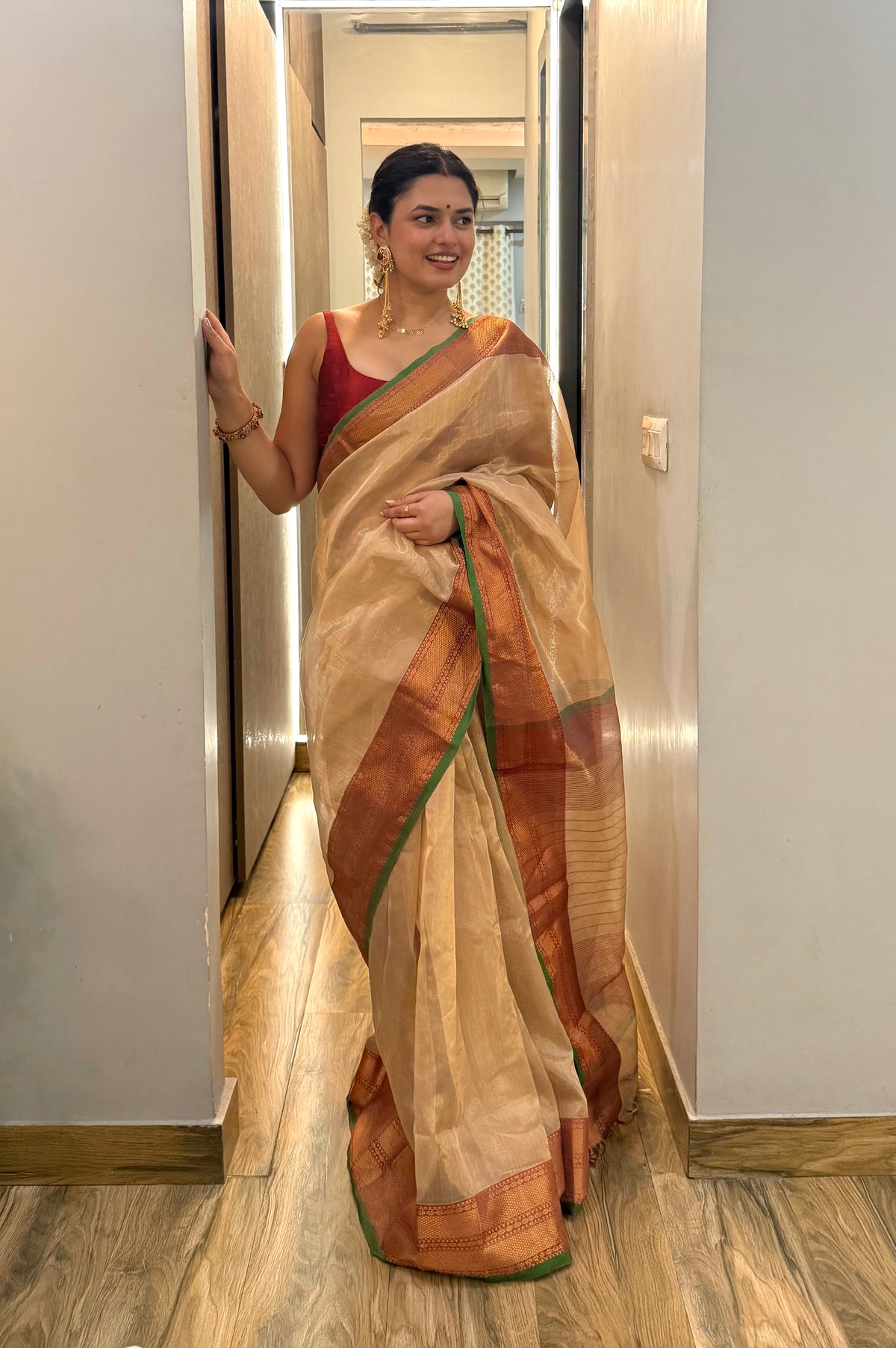 Ready to wear | Gold Red & Green Maheshwari Tissue Silk Saree with Zari Pattern on Pallu