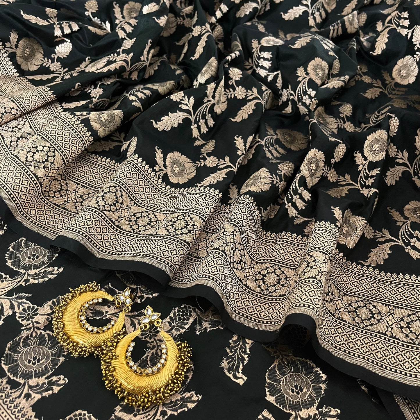 Black Banarasi katan silk saree with zari jaal work all over