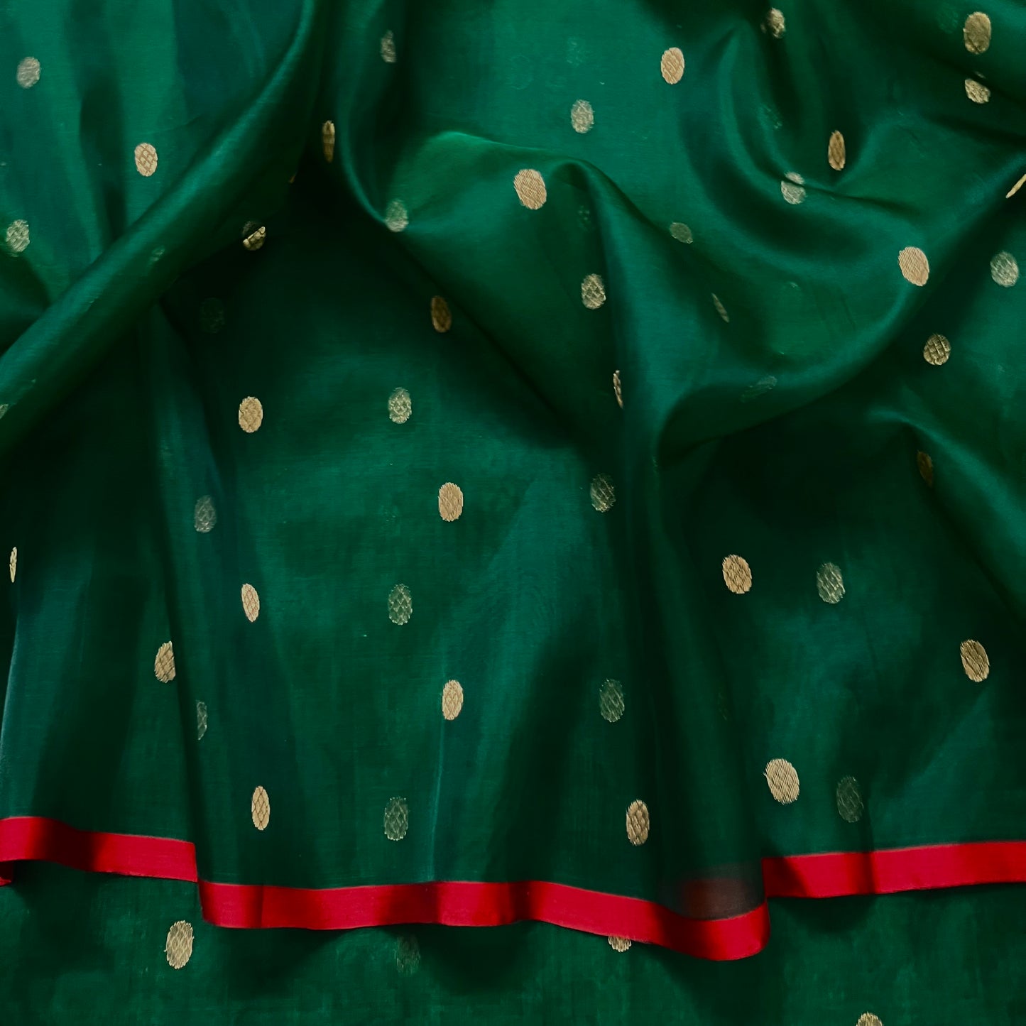 Green & red Chanderi silk saree with zari bootis all over