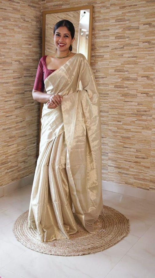 Beige Gold Maheshwari saree with Zari pattern all over