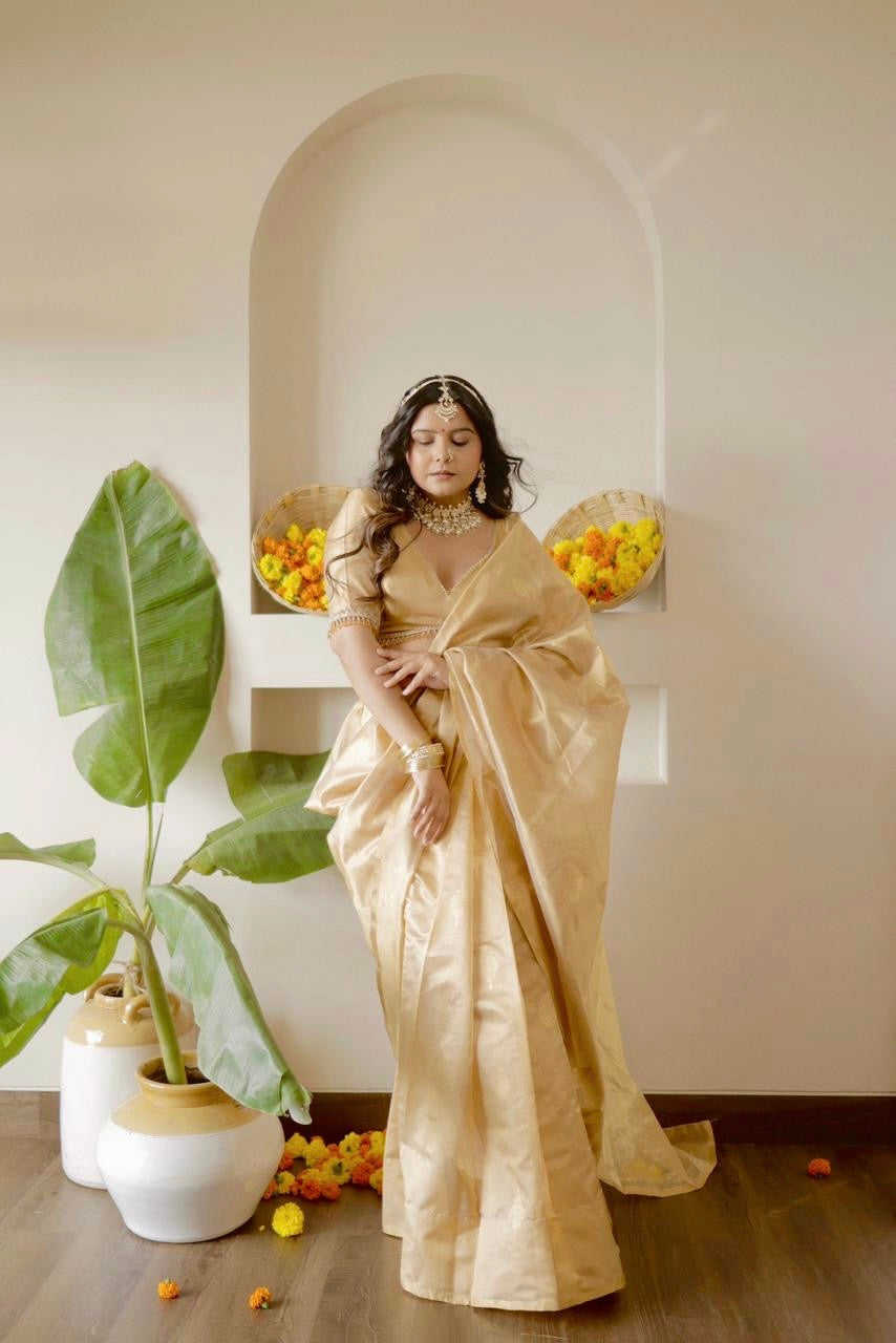 Gold chanderi silk saree with jhoomar motifs all over