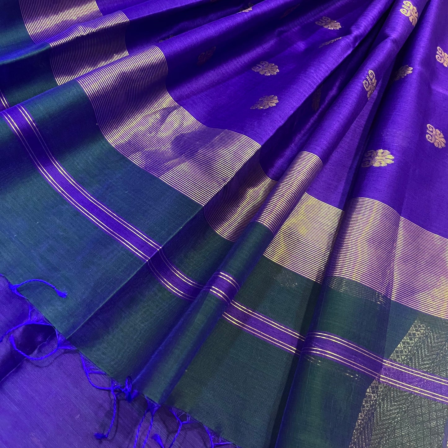 Peacock and purple dual tone Maheshwari saree with zari motifs all over