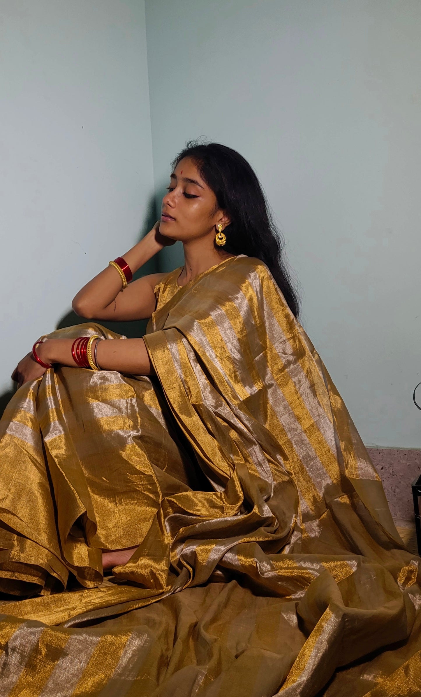 Gold and silver striped chanderi tissue silk saree