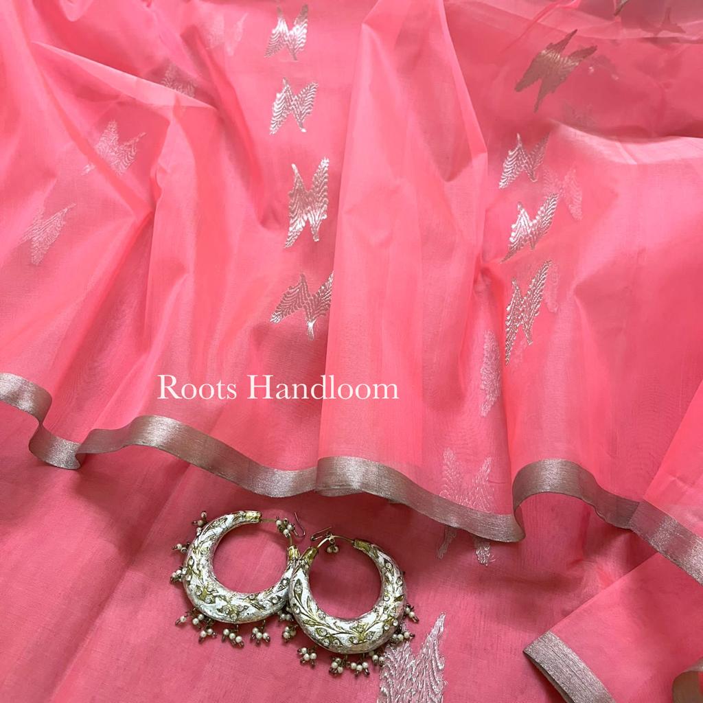 Peachish pink Chanderi organza silk with feather motifs all over