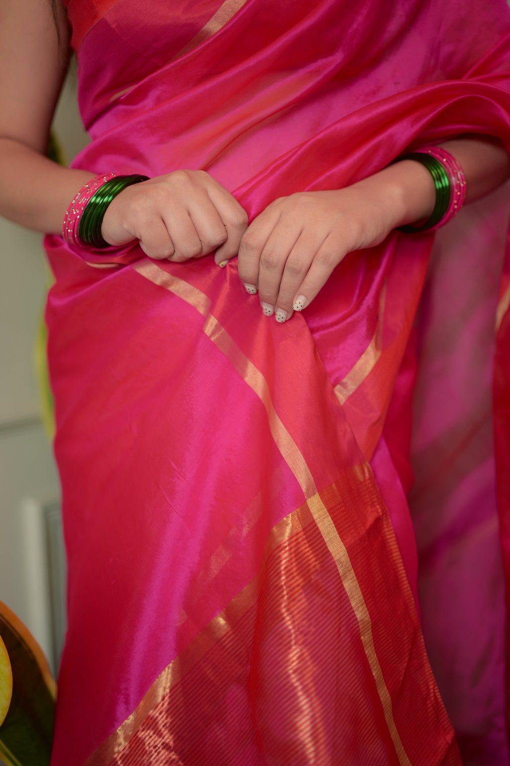Pink and red Chanderi silk saree with silk border