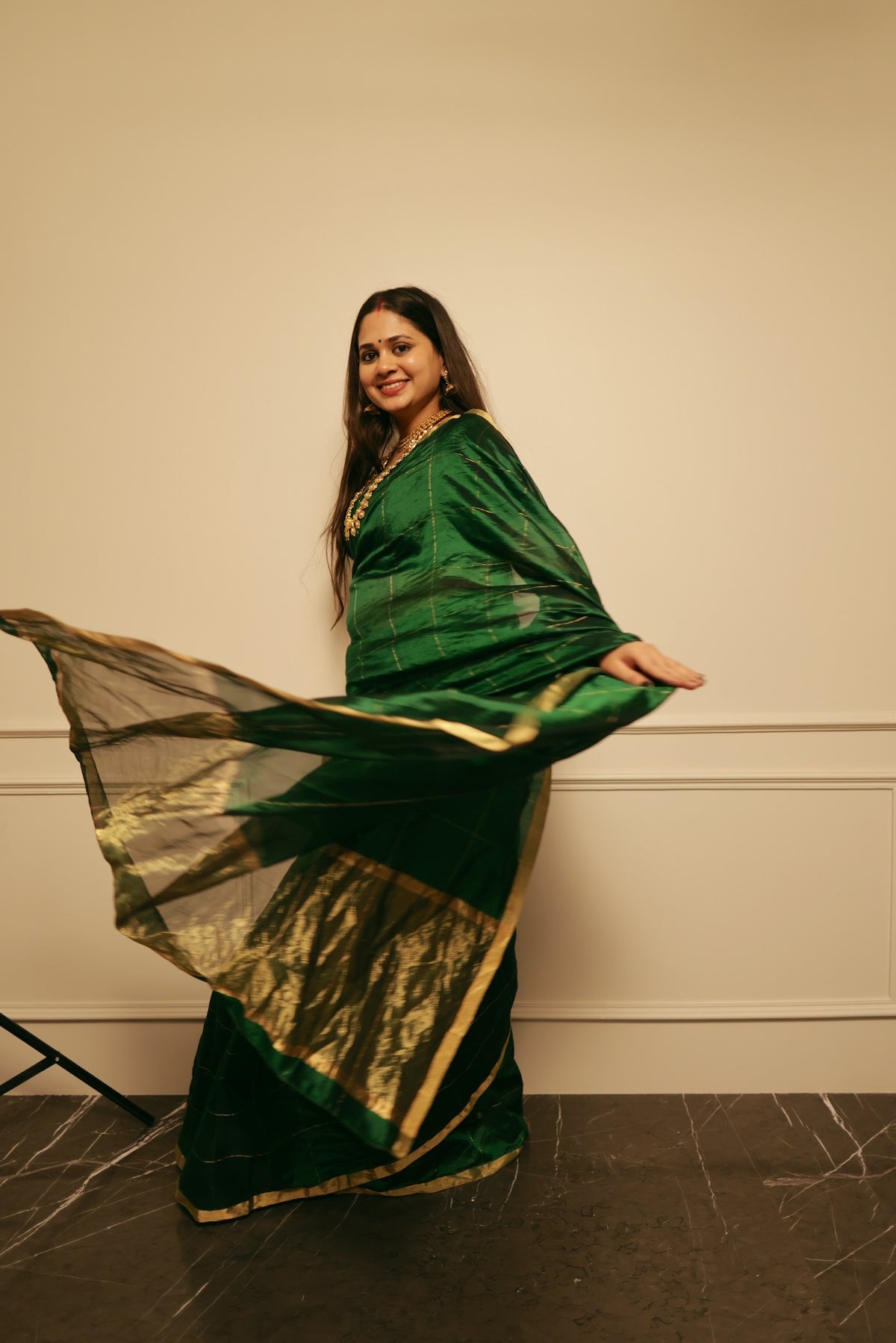 Dark green chanderi silk saree with zari checks all over