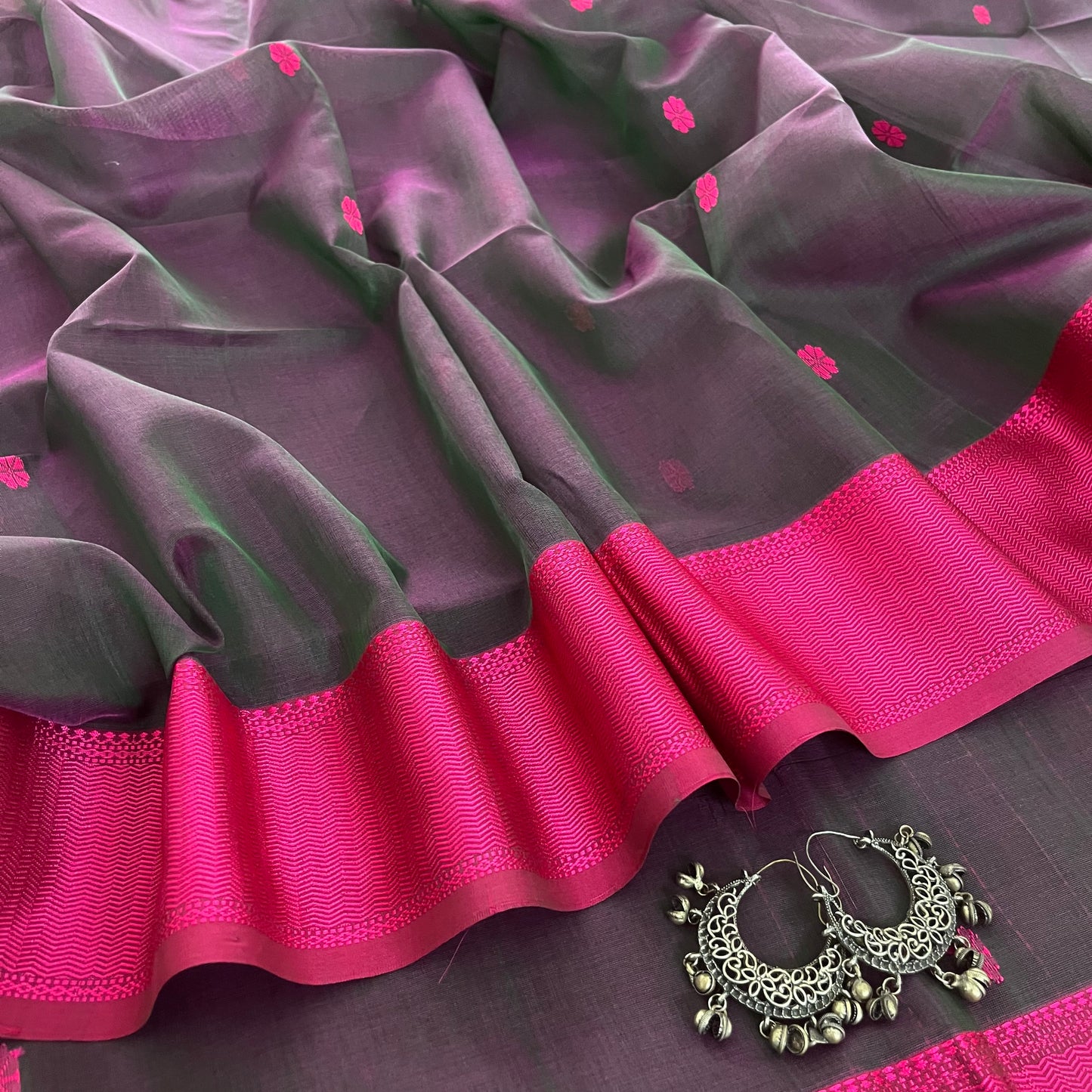 Dark grey and pink Maheshwari saree resham bootis all over