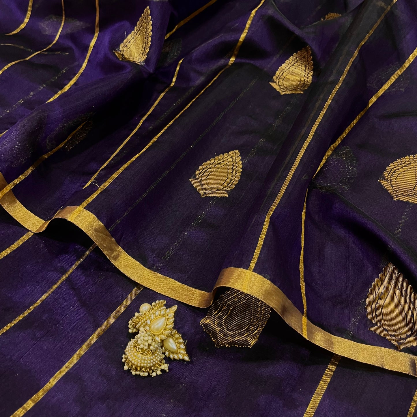 Midnight blue Chanderi silk saree with zari motifs all over