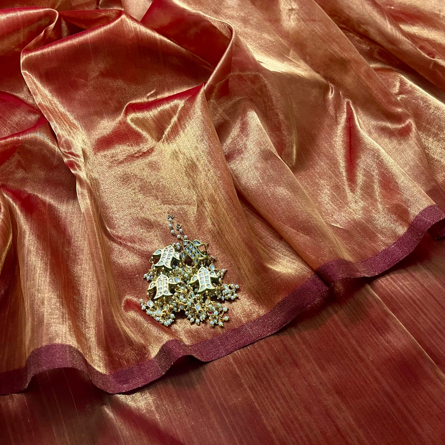 Deep red and gold Chanderi tissue silk saree