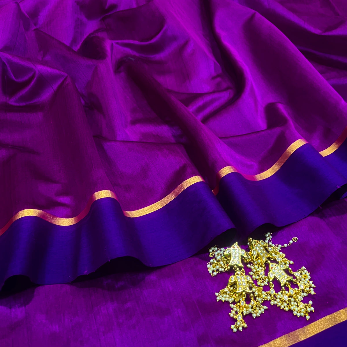 Plum & Blue Chanderi silk saree with zari lines on pallu