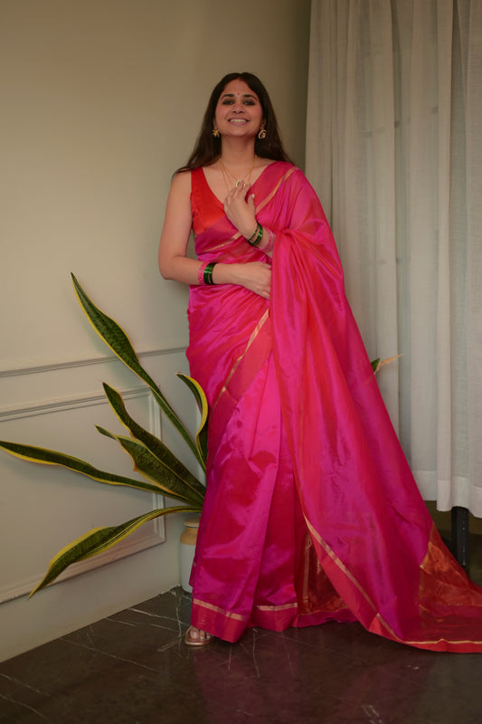 Pink and red Chanderi silk saree with silk border