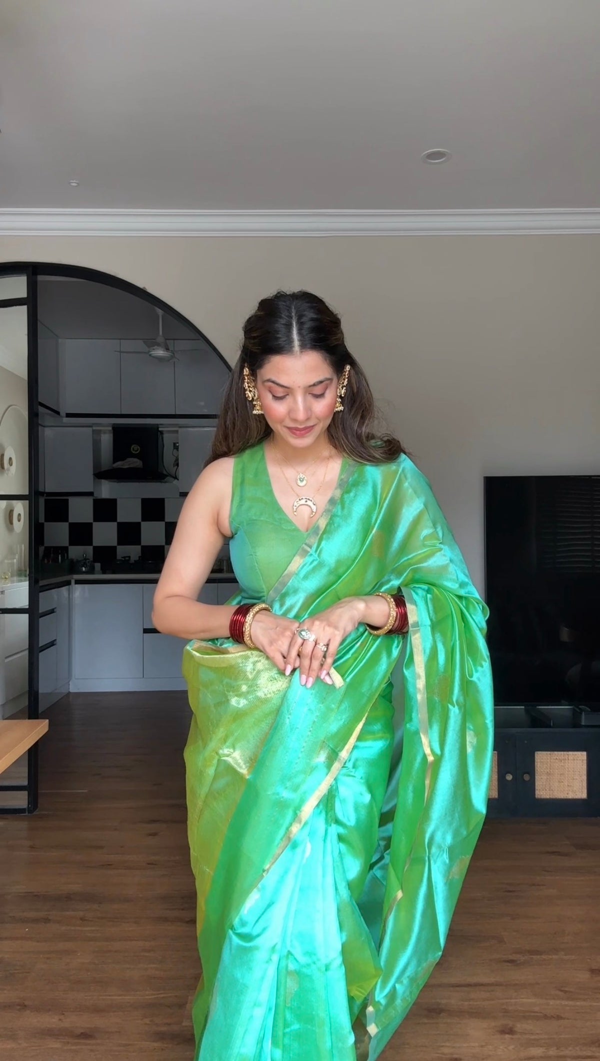 Ready to wear | Sea Green Dual Tone Chanderi Silk Saree with Jhoomar Motifs all over