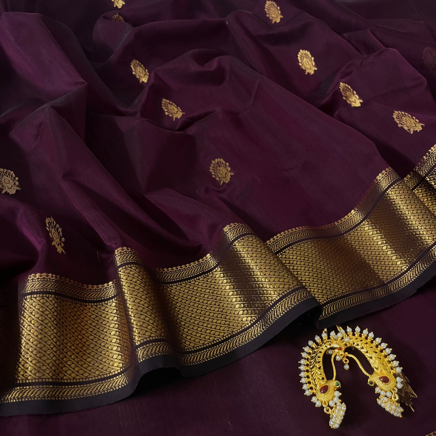 Deep wine Maheshwari saree with zari motifs all over