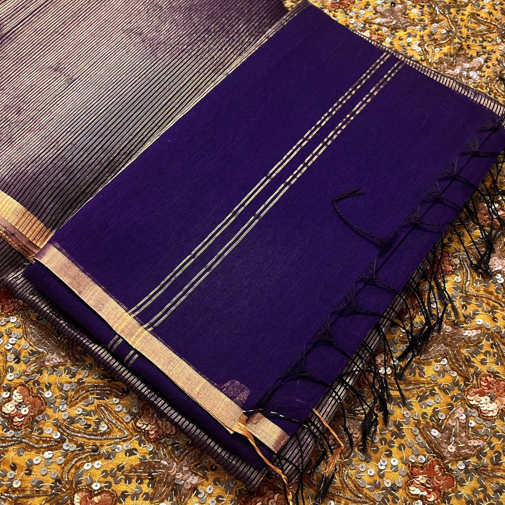 Dark purple and gold maheshwari saree with zari border