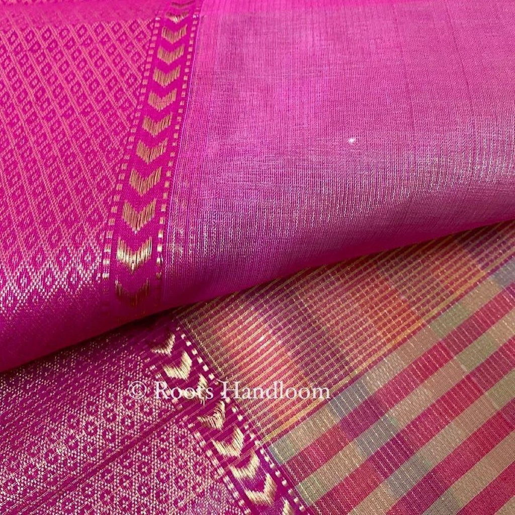 Grey & pink maheshwari saree with zari lines all over