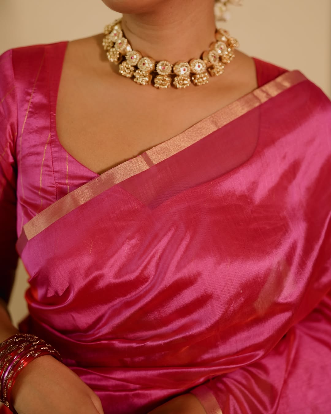 Chili Red and pink Chanderi silk saree with tassels on pallu