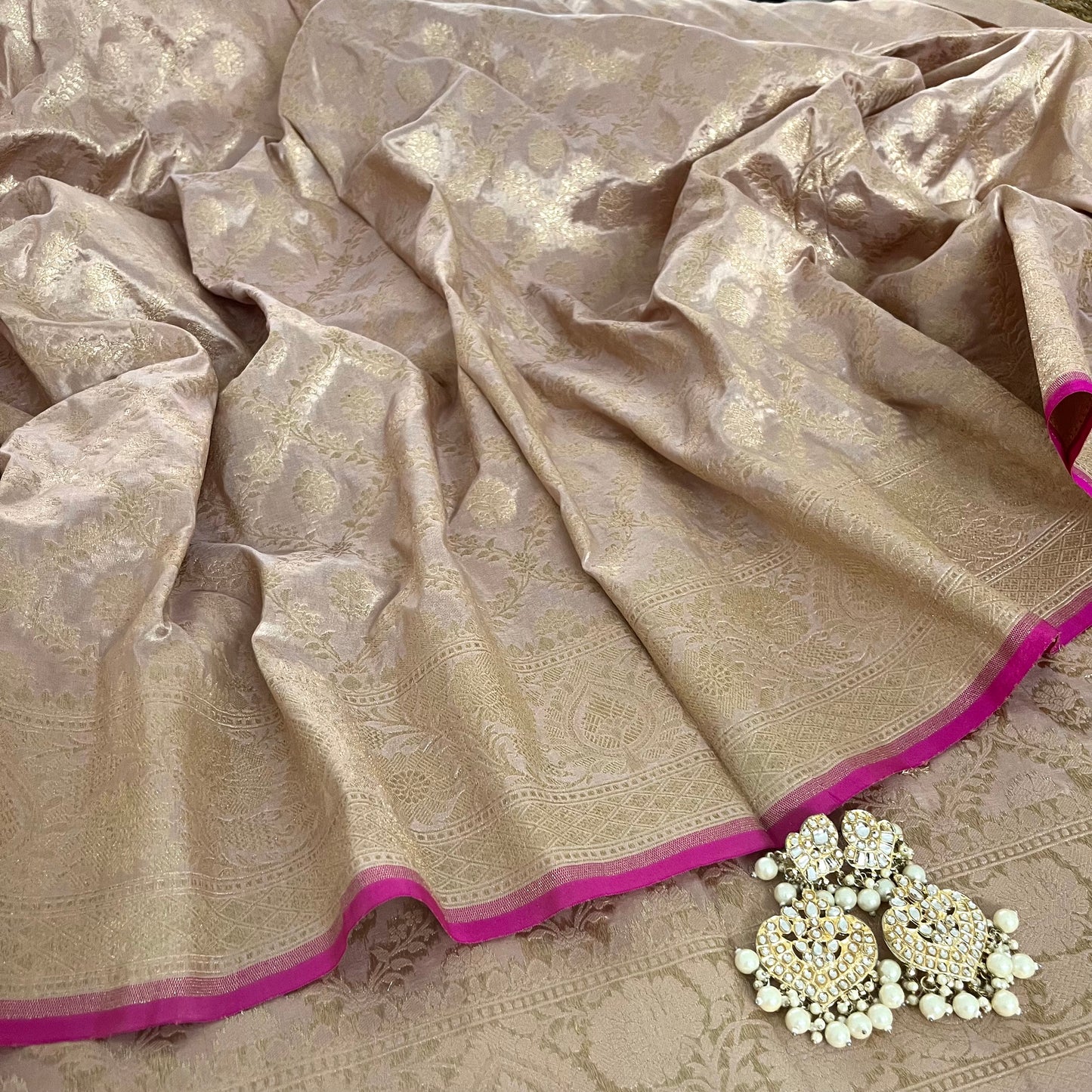 Sand and pink Banarasi katan silk saree with zari jaal work all over
