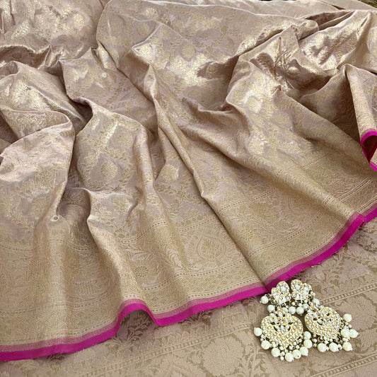 Sand and pink Banarasi katan silk saree with zari jaal work all over