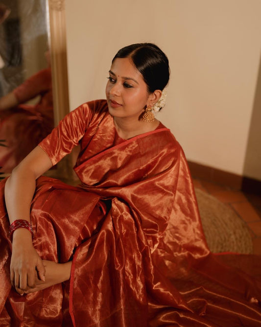 Red Maheshwari saree with zari lines all over