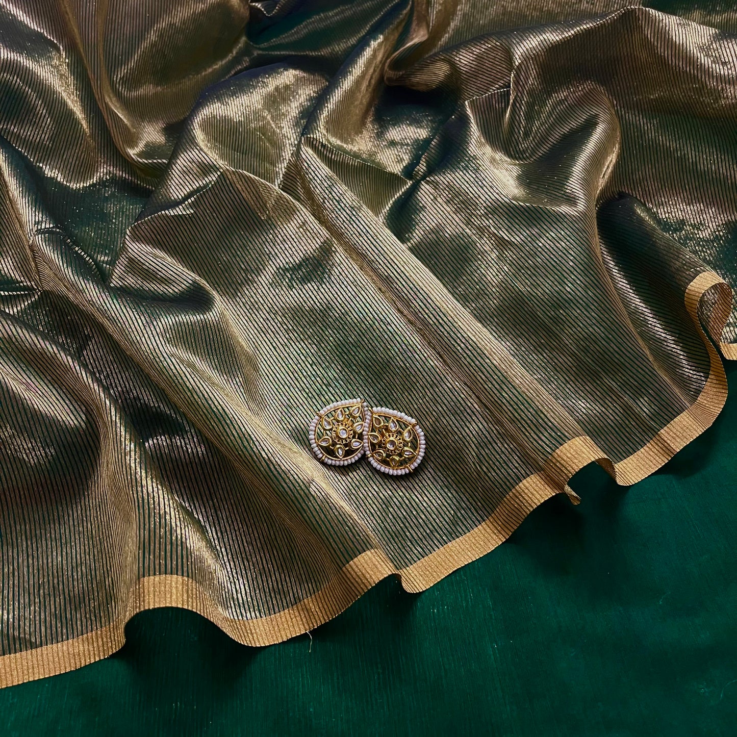 Dark Green & Gold Maheshwari Saree with Zari Border