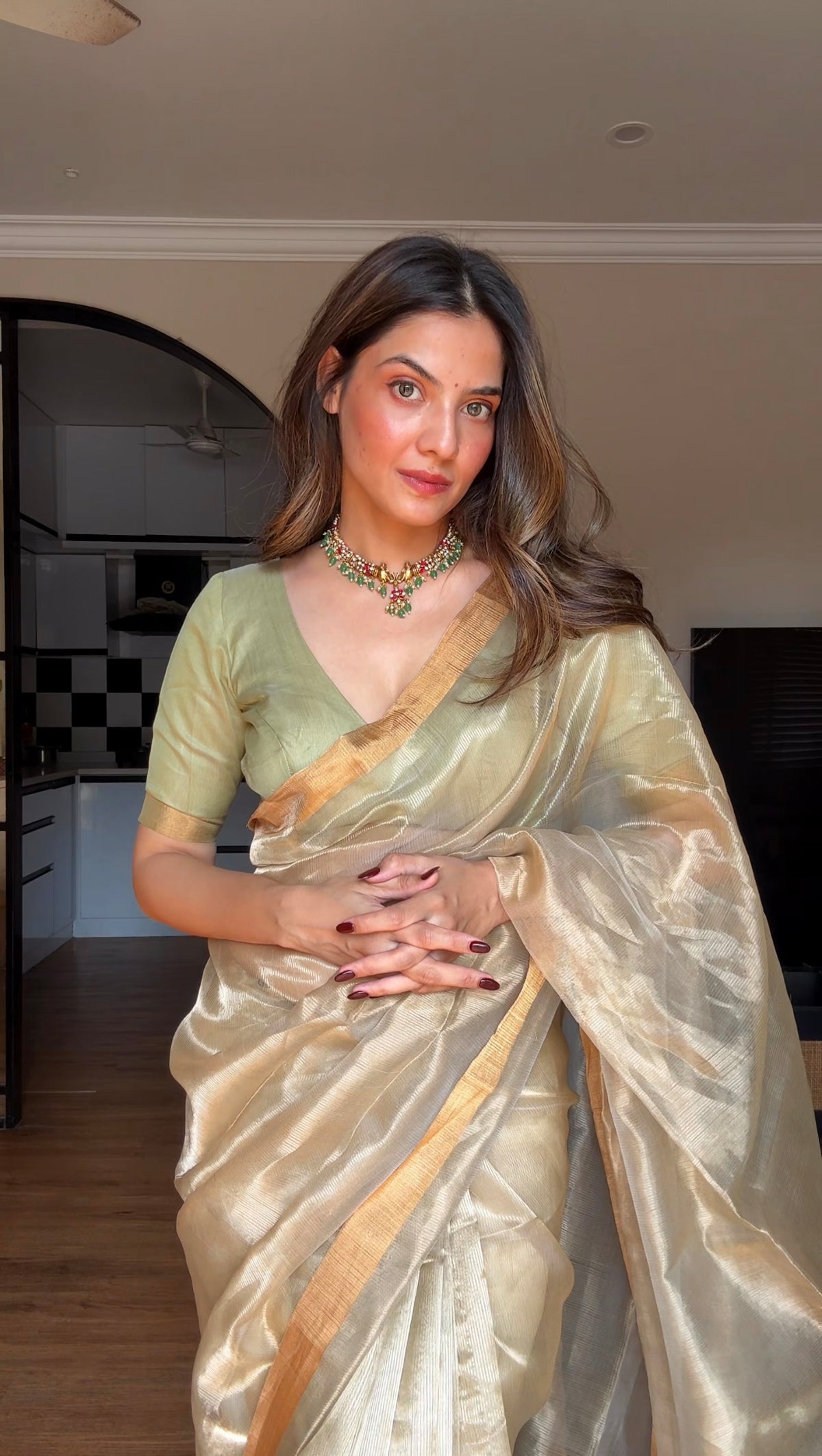 Olive Gold Maheshwari Saree with Zari lines all over