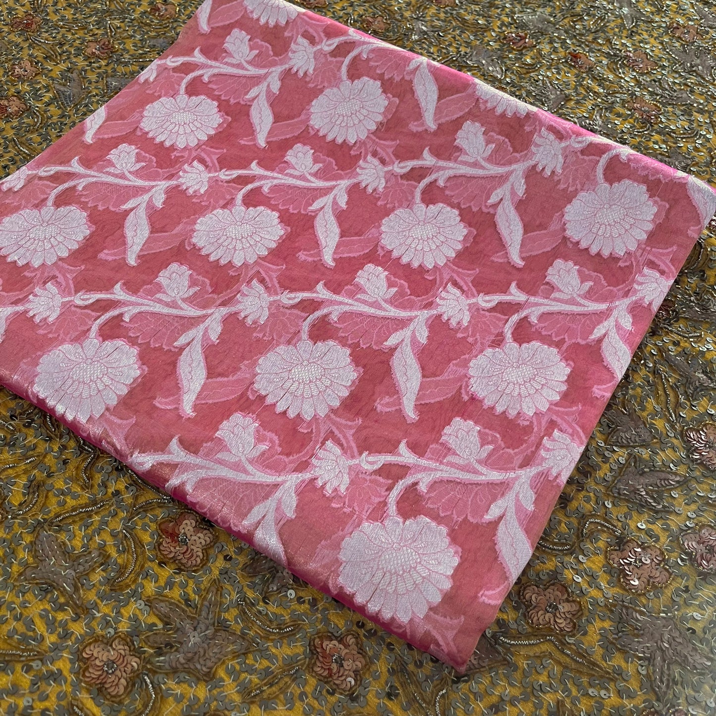 Peachish pink Banarasi tissue silk saree zari jaal work all over