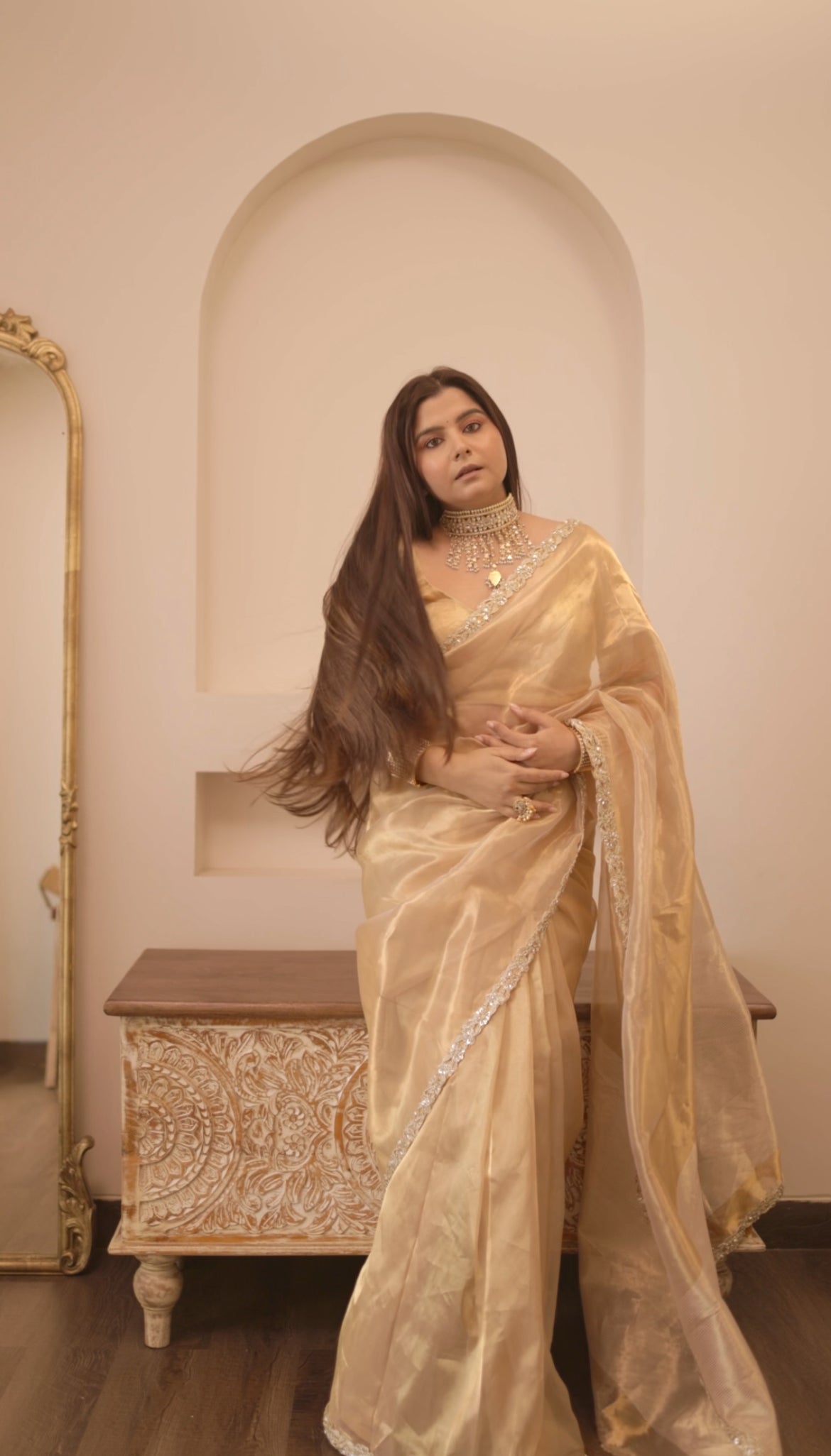 Molten gold chanderi tissue silk saree with intricate work border