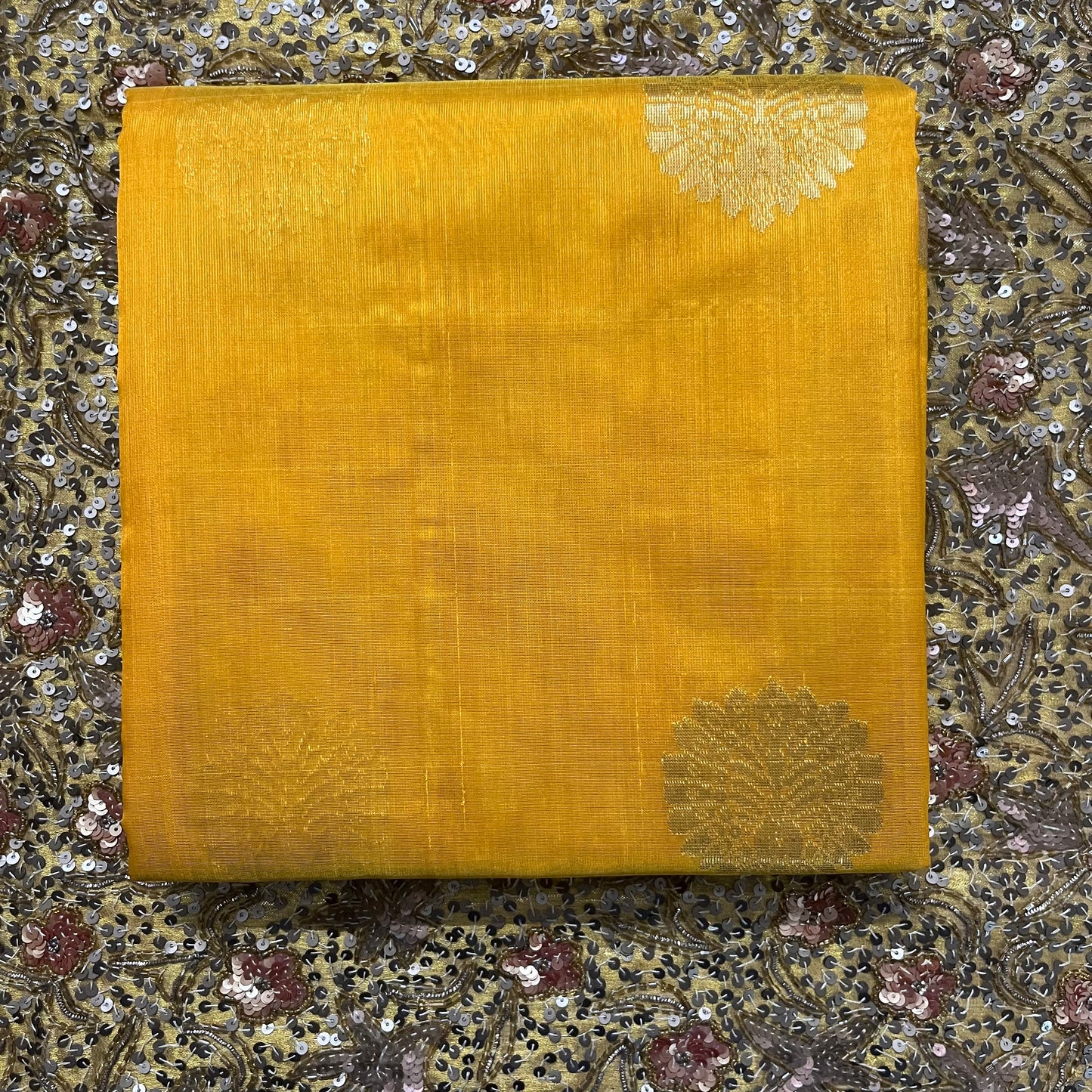 Yellow chanderi silk saree with mor motifs all over