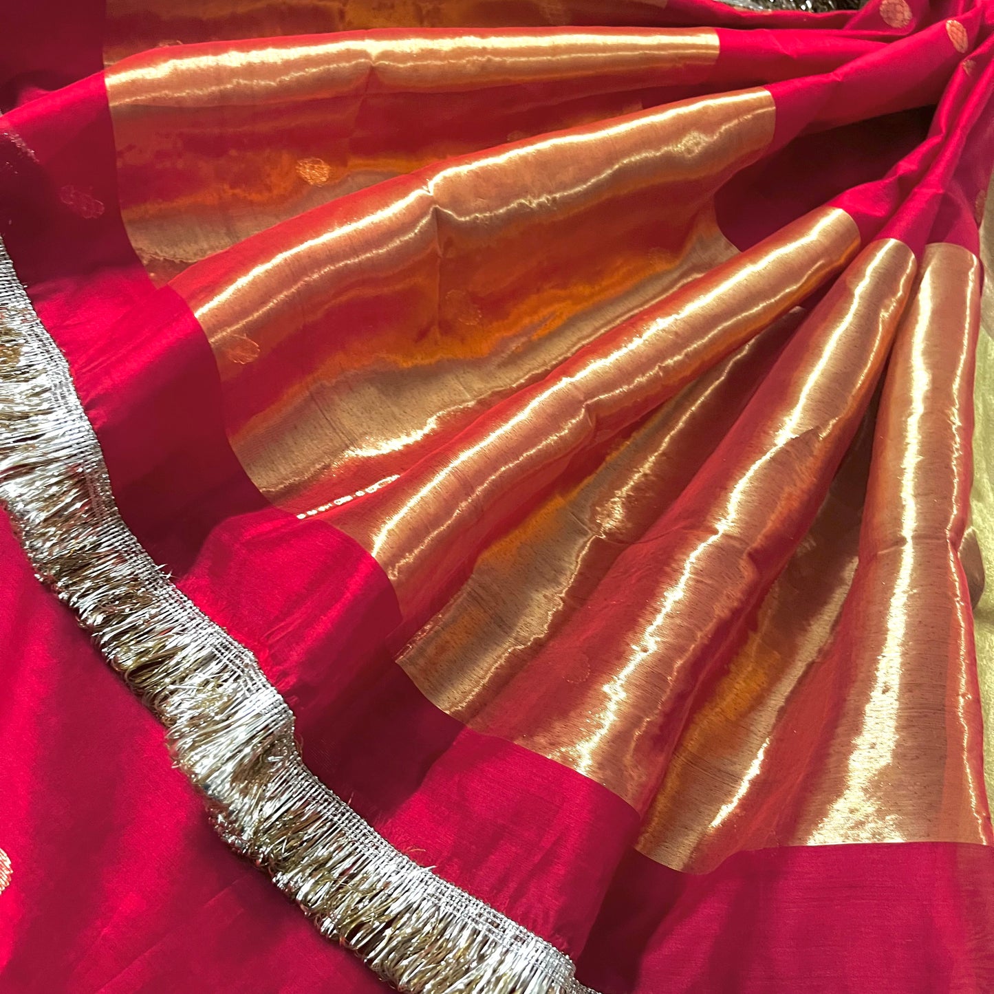 Red Chanderi saree with zari bootis and zari border all over