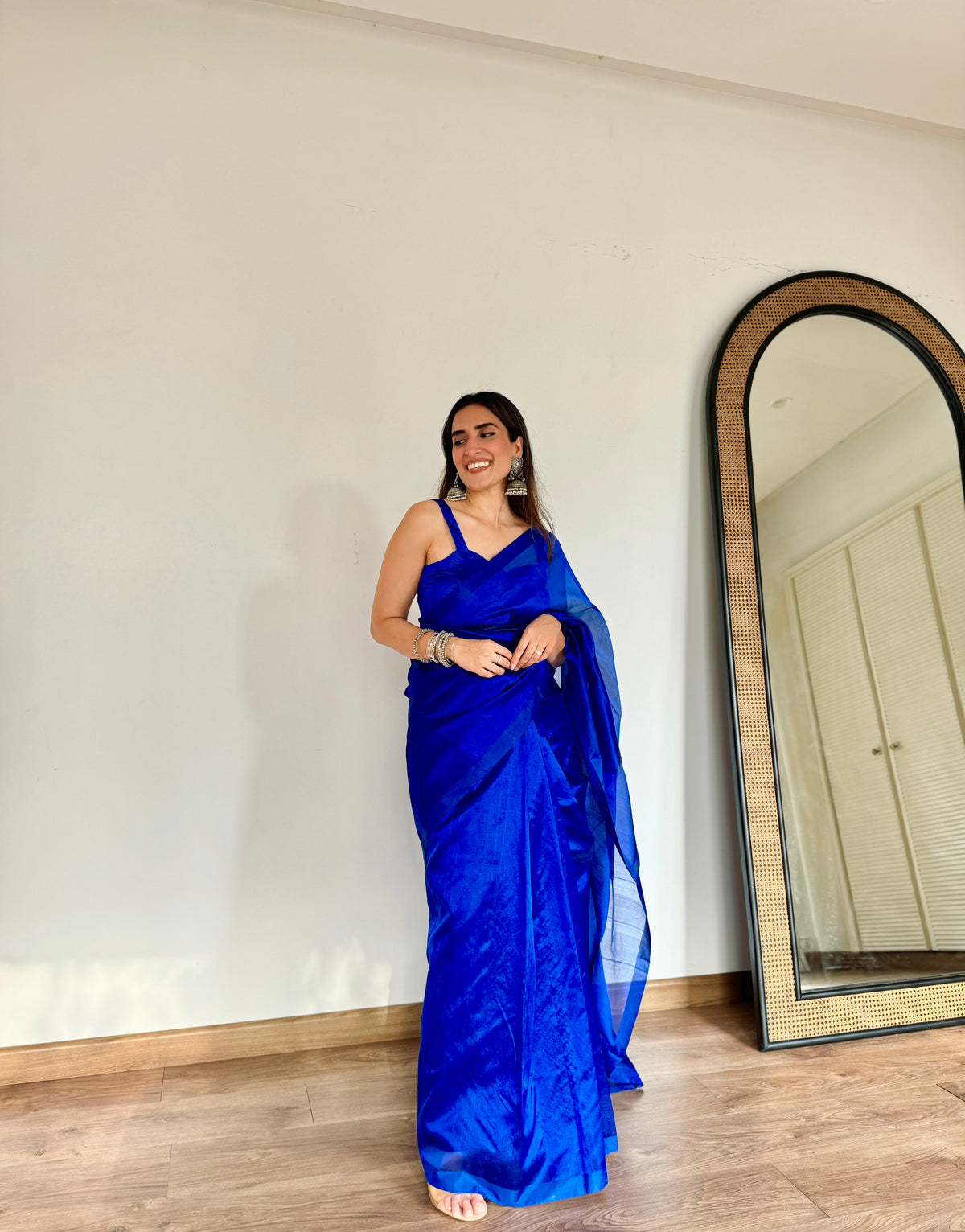 Electric blue Chanderi silk saree with silk border