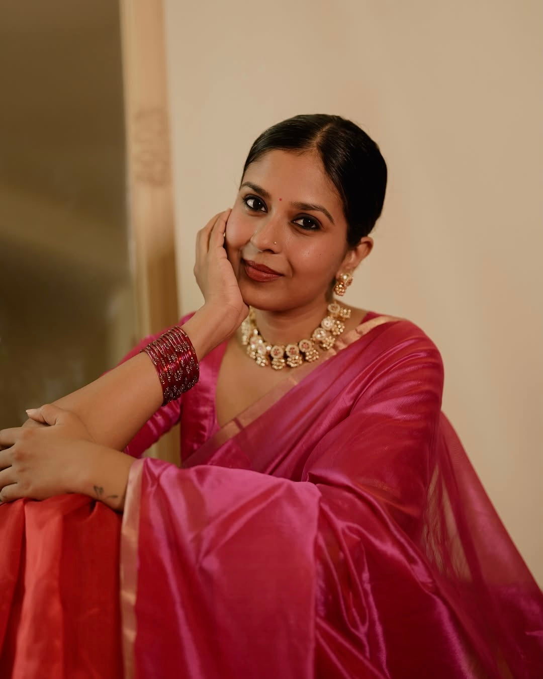 Chili Red and pink Chanderi silk saree with tassels on pallu