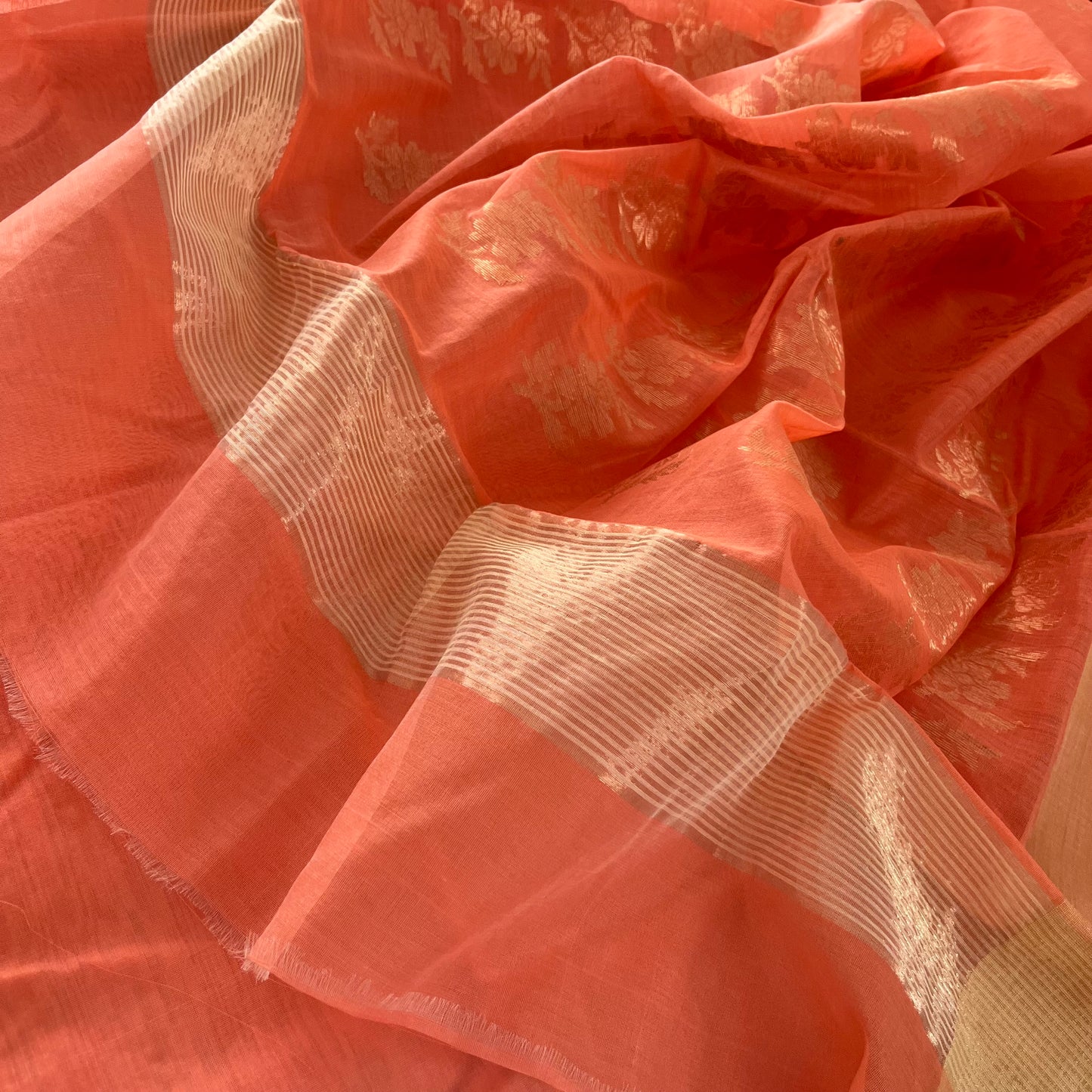 Peachish pink Chanderi saree with zari pattern on pallu